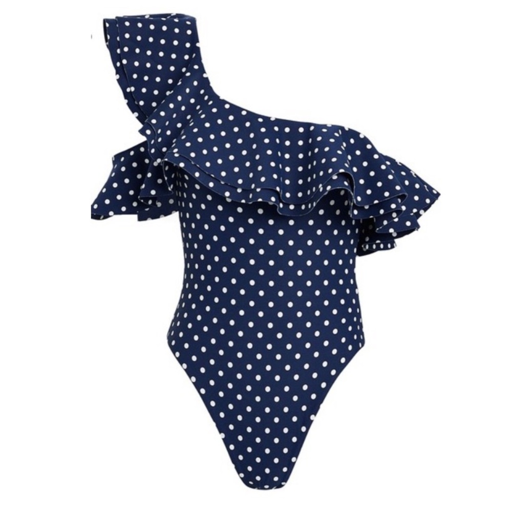 WeWoreWhat Polka Dot One Shoulder Swimsuit Sizes XS, L, XL
